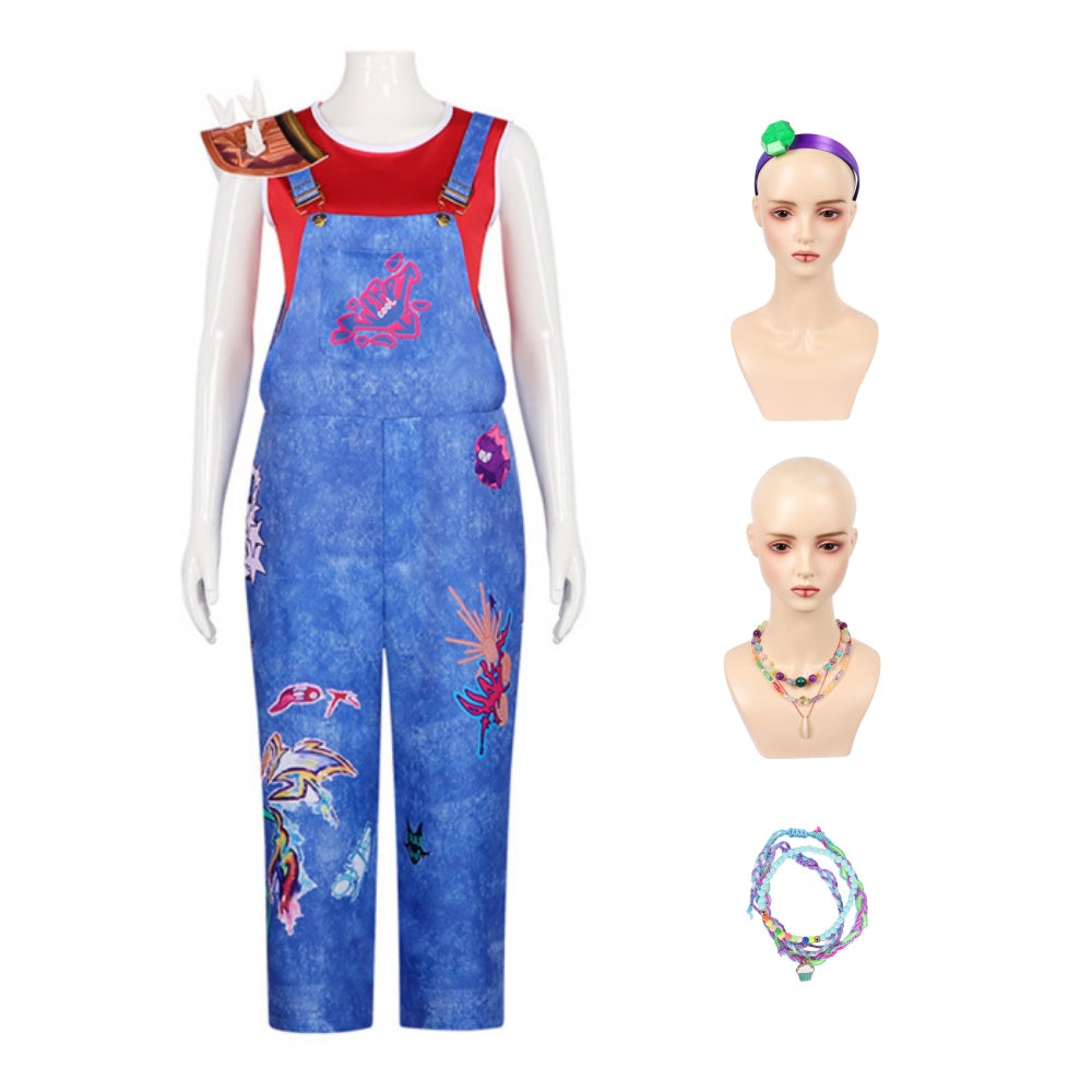Cosplay Costume Jo Forgotten Island(2026) Film Cosplay Tenue Bleue et Rouge Femme Serretete Collier Bracelet