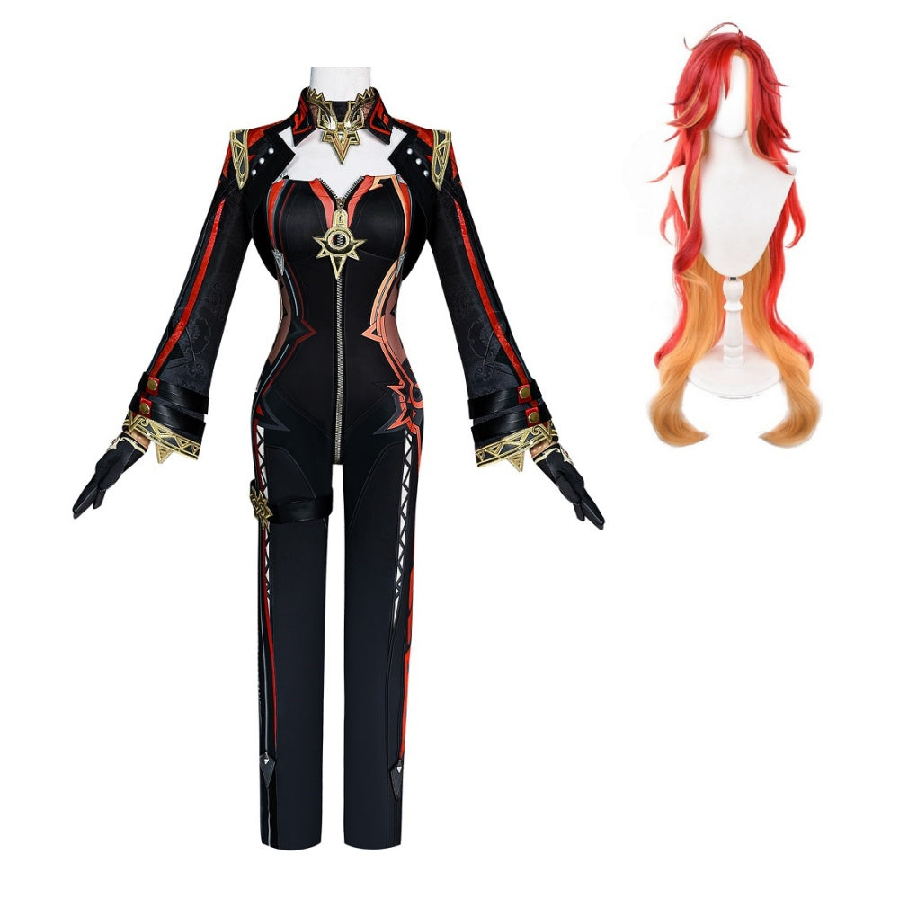 Cosplay Costume Mavuika Genshin Impact Jeu Cosplay Tenue Noire et Rouge Femme Perruque