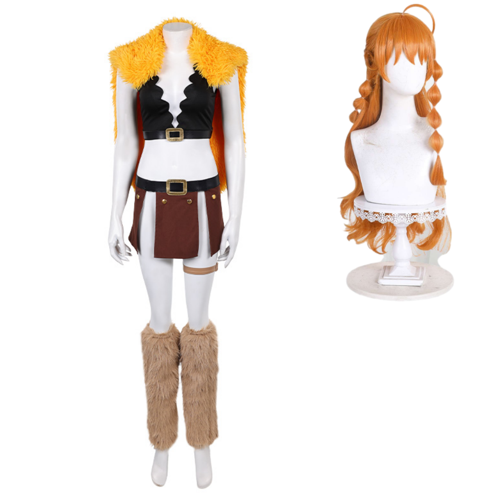 Cosplay Costume Nami One Piece Elbaf Arc(2026) Anime Cosplay Tenue Noire et Brune avec Châle Jaune Femme Perruque