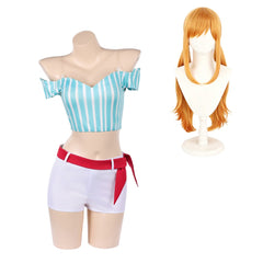 Cosplay Costume Nami One Piece Whole Cake Island Arc Anime Cosplay Tenue Bleue et Blanche Femme Perruque