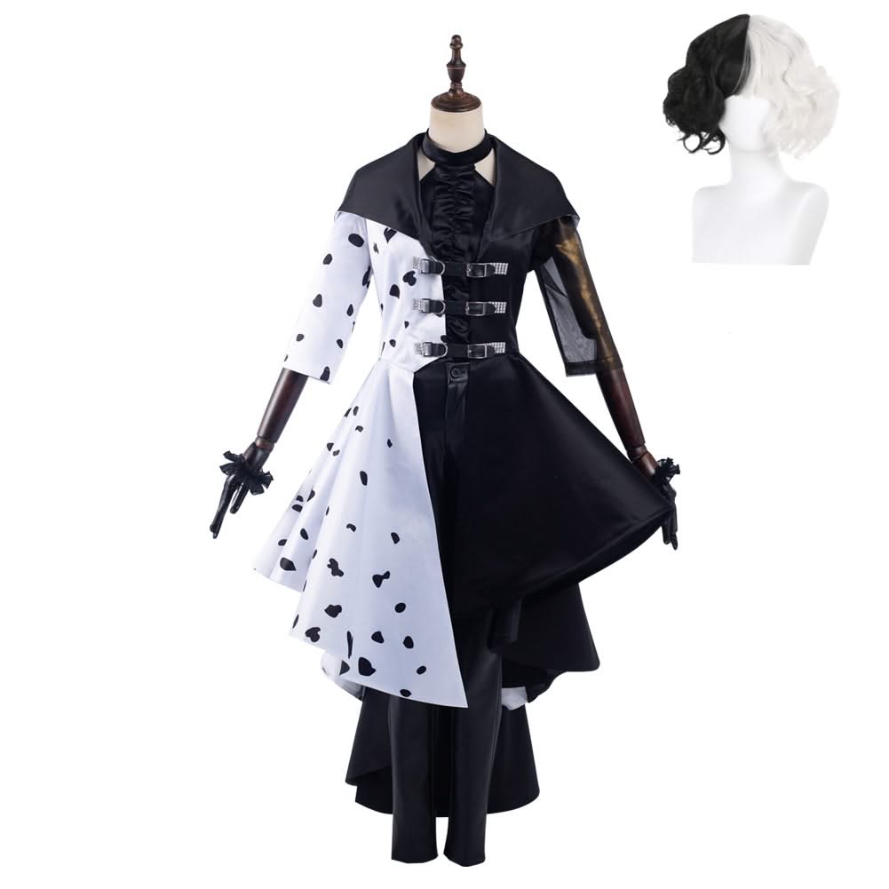 Cruella Cruella de Vil Robe Blanche et Noire Cosplay Costume