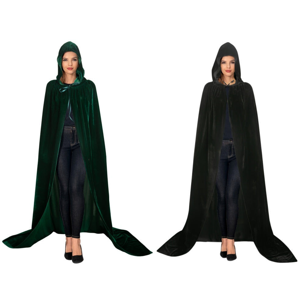 Femme Sorcière Cape à Capuche en Velours Noire/Verte Cosplay Costume