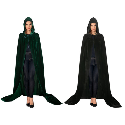 Femme Sorcière Cape à Capuche en Velours Noire/Verte Cosplay Costume