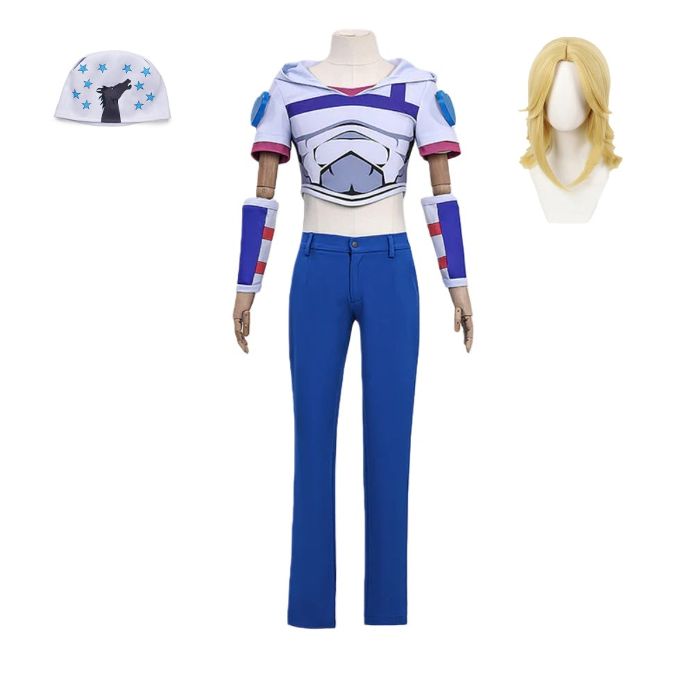 JJBA Johnny Joestar Tenue Blanche et Bleue Cosplay Costume Perruque