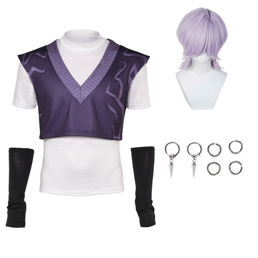 Kpop Demon Hunters(2025) Mystery Saja Gilet Violet Haut Blanc Cosplay Costume Perruque Clips