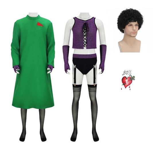 La Folle Histoire de Rocky Horror Dr. Frank-N-Furter Tenue Verte et Violette Cosplay Costume Perruque Tatouage Temporaire