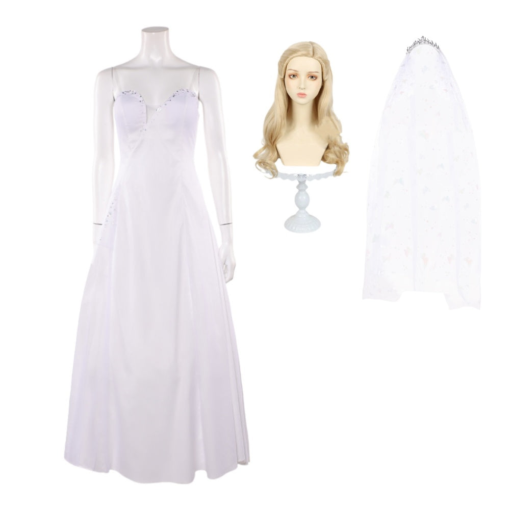 Wicked: For Good(2025) Glinda Robe Blanche sans Bretelles Cosplay Costume Perrruque Voile