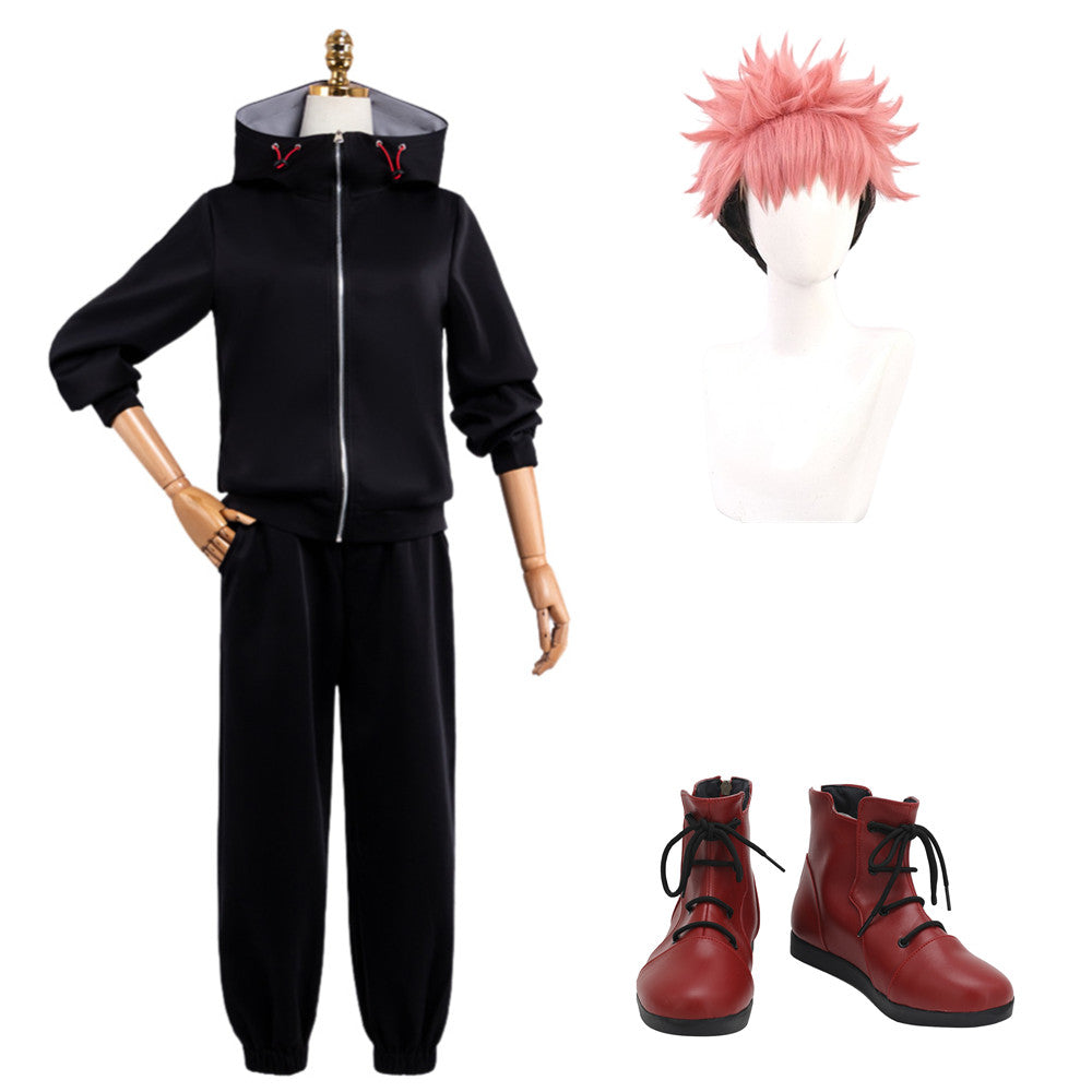 Yuji Itadori Tenue Noire Cosplay Costume Perruque CHaussures