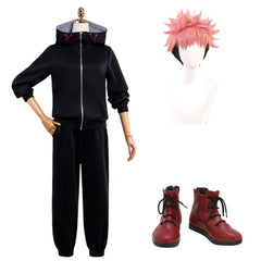 Yuji Itadori Tenue Noire Cosplay Costume Perruque CHaussures