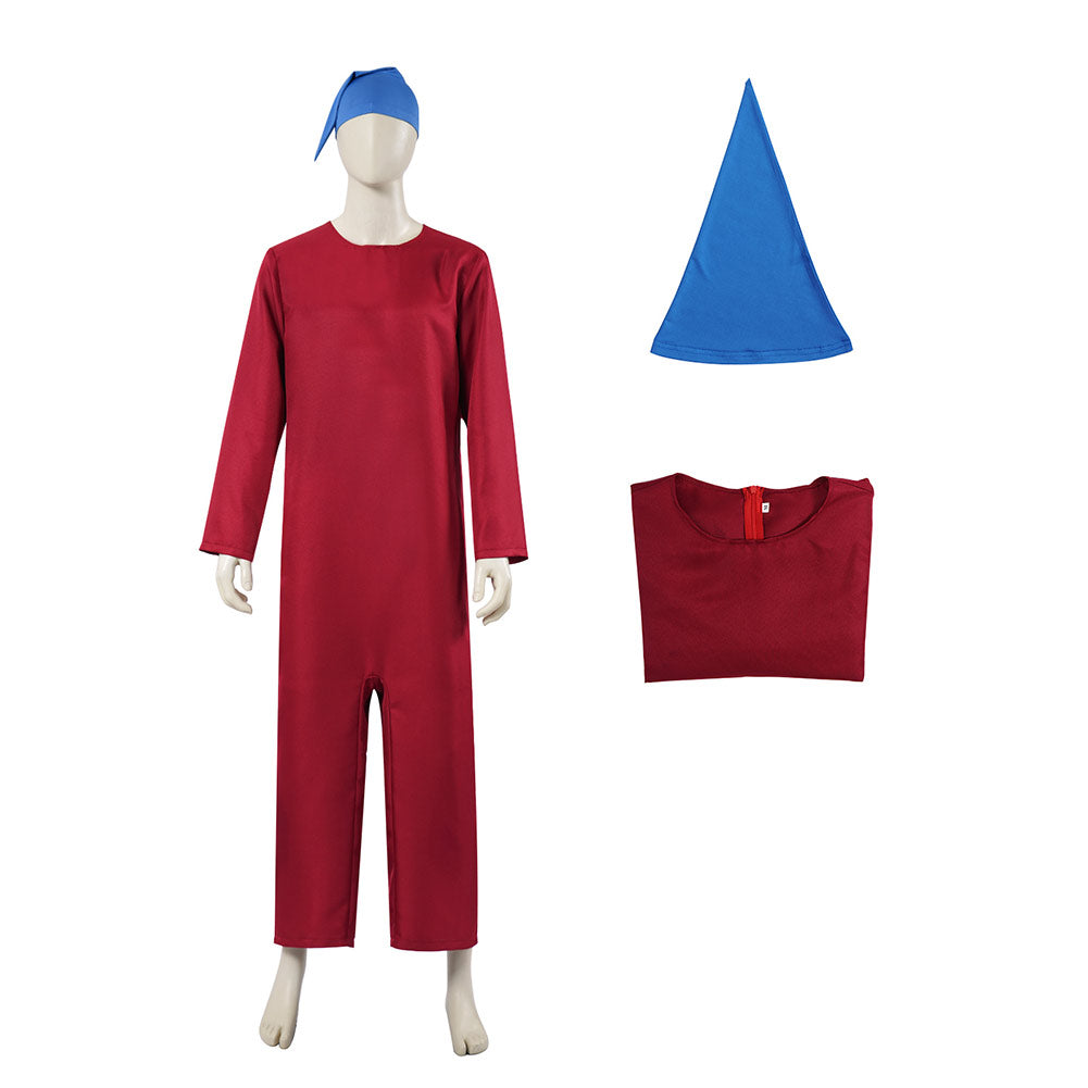 Adulte Blanche Neige(2025) Nain Combinaison Rouge+Chapeau Bleu Cosplay Costume