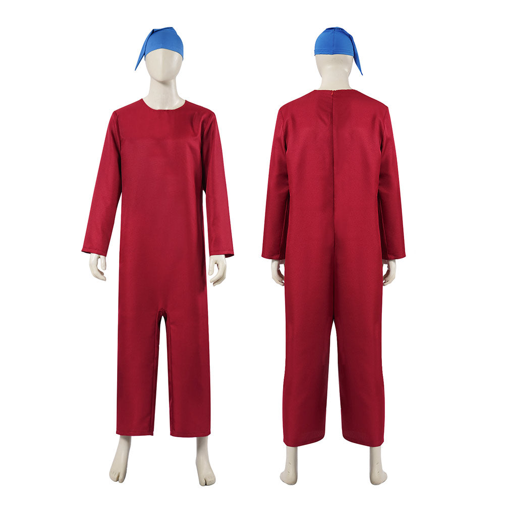 Adulte Blanche Neige(2025) Nain Combinaison Rouge+Chapeau Bleu Cosplay Costume