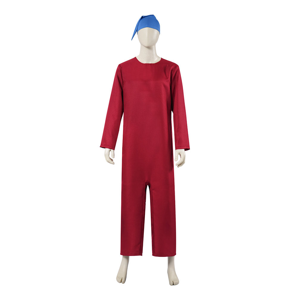 Adulte Blanche Neige(2025) Nain Combinaison Rouge+Chapeau Bleu Cosplay Costume