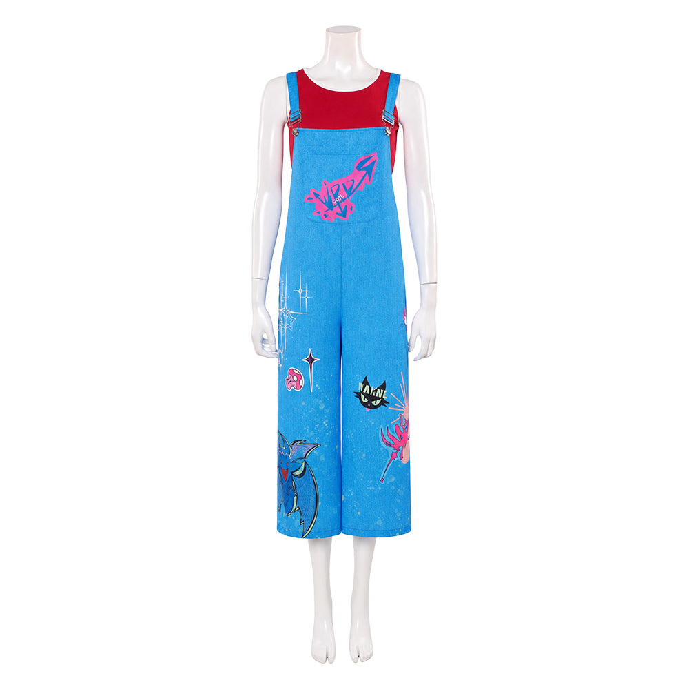 Cosplay Costume Jo Forgotten Island(2026) Film Cosplay Haut Rouge+Salopette Bleu Femme