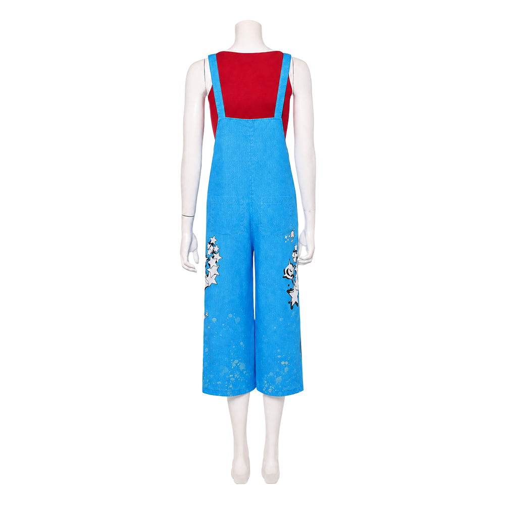 Cosplay Costume Jo Forgotten Island(2026) Film Cosplay Haut Rouge+Salopette Bleu Femme