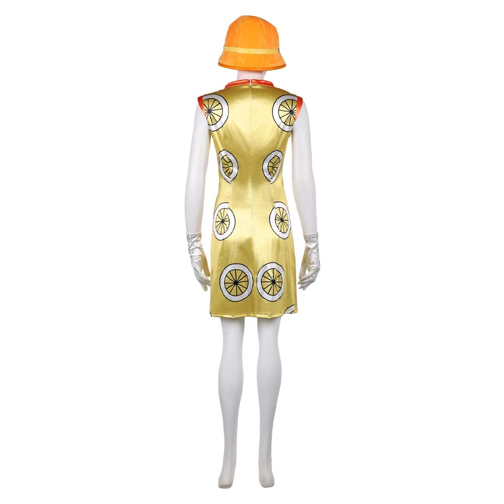 Cosplay Costume Miss Valentine One Piece Live Action 2(2026) TV Cosplay Robe Jaune avec Chapeau Orange Femme