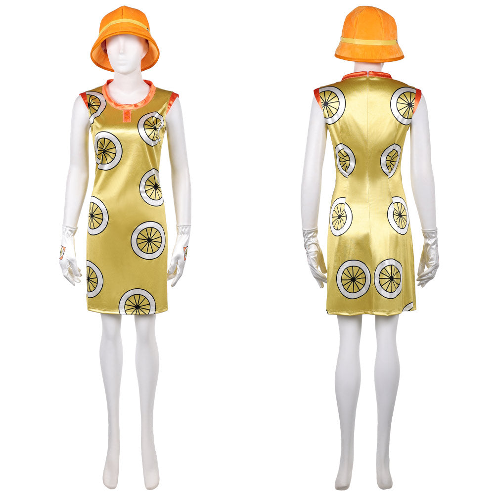 Cosplay Costume Miss Valentine One Piece Live Action 2(2026) TV Cosplay Robe Jaune avec Chapeau Orange Femme