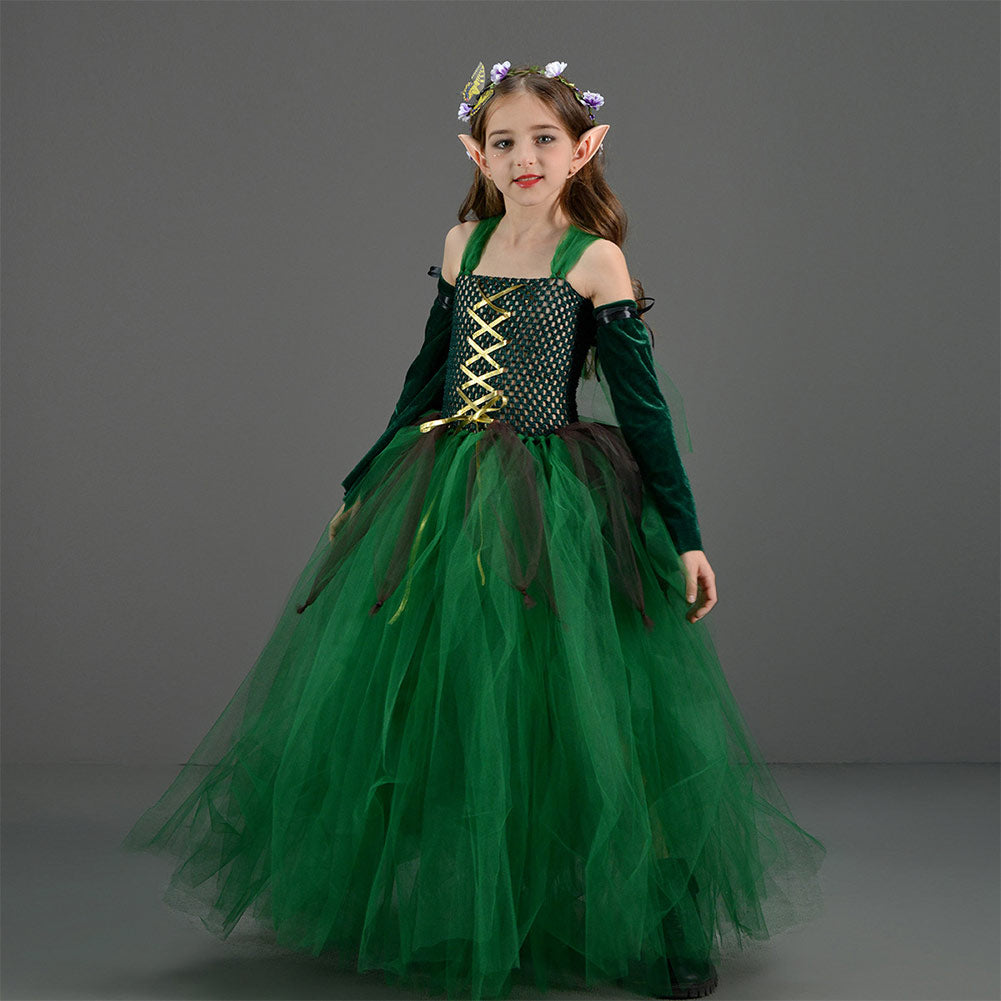 Déguisement Fille Elf Robe Vert Foncé Costume pour Halloween