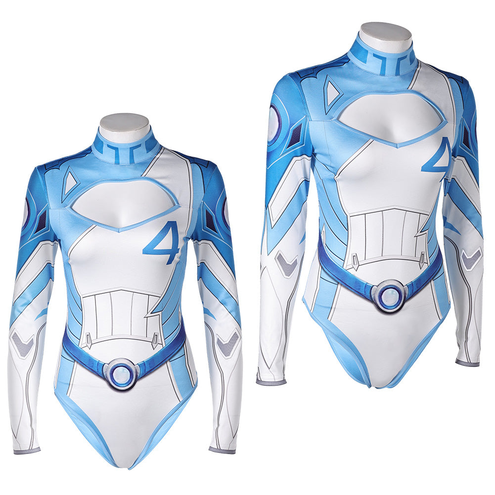 Invisible Woman Susan Storm Maillot de Bain Bleu One Piece Manches Longues Cosplay Costume