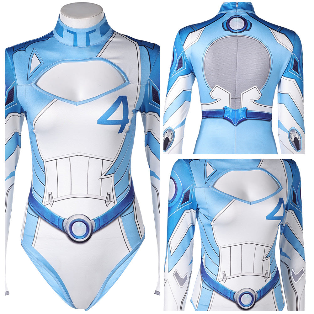 Invisible Woman Susan Storm Maillot de Bain Bleu One Piece Manches Longues Cosplay Costume