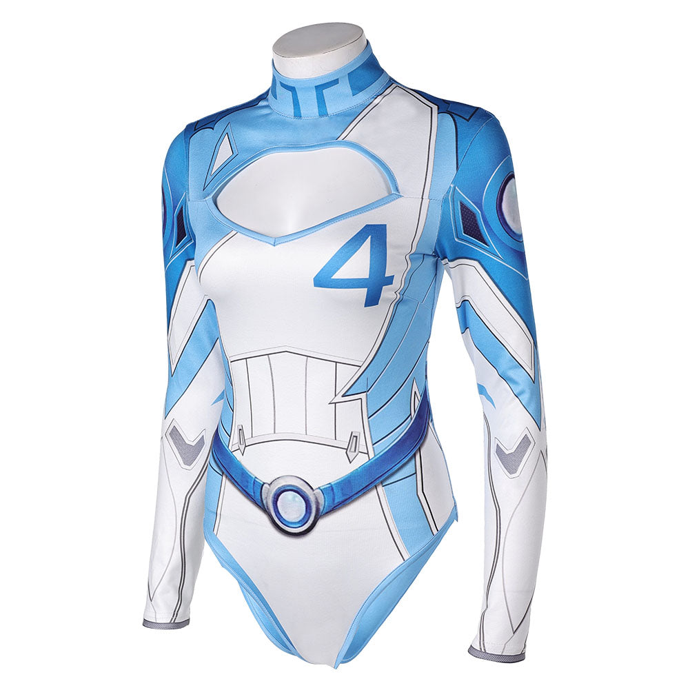 Invisible Woman Susan Storm Maillot de Bain Bleu One Piece Manches Longues Cosplay Costume