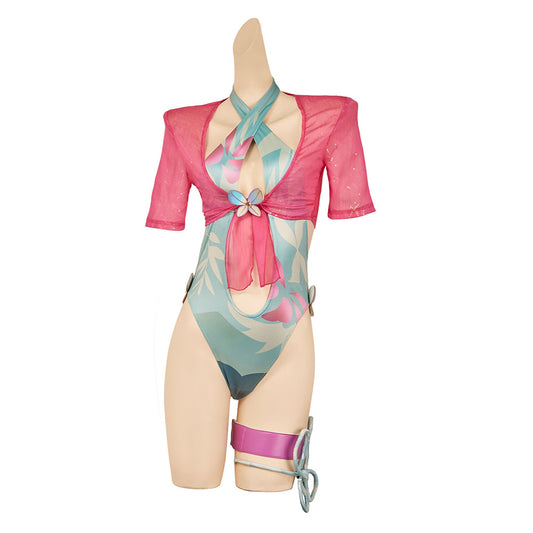 Psylocke Maillot de Bain Une Pièce Vert+Couvre-up Rose Cosplay Costume