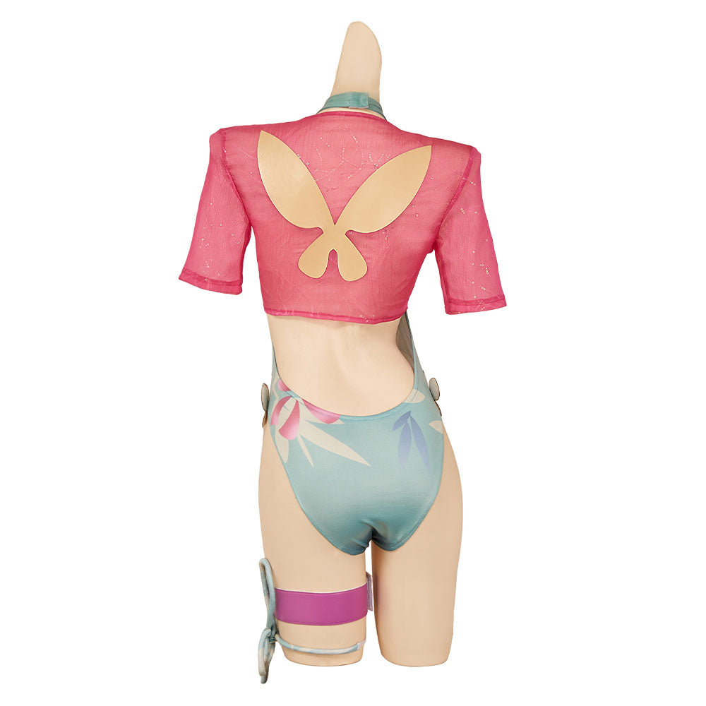 Psylocke Maillot de Bain Une Pièce Vert+Couvre-up Rose Cosplay Costume