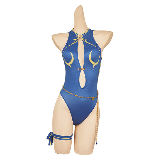 Street Fighter 6 Chun Li Maillot de Bain Bleu Une Pièce Cosplay Costume