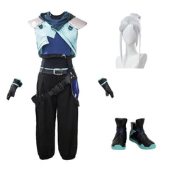 Cosplay Costume Jett Valorant Jeu Cosplay Tenue Noire et Bleue Femme Perruque Chaussures