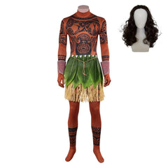 Cosplay Costume Maui Vaiana La Légende du Bout du Monde(2026) Film Cosplay Combinaison Imprimée Tatouage+Tablier Homme Perruque