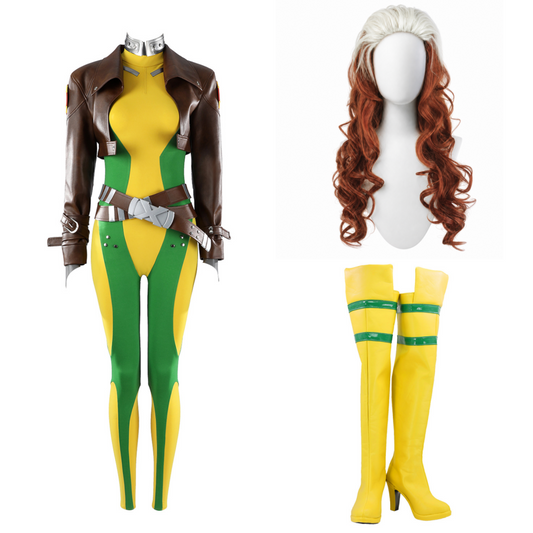 Cosplay Costume Rogue Jeu Cosplay Combinaison Verte et Jaune Femme Perruque Chaussures