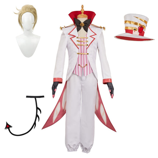 Hazbin Hotel 2 Lucifer Démon Tenue Blanche Cosplay Costume Perruque Chapeau Queue