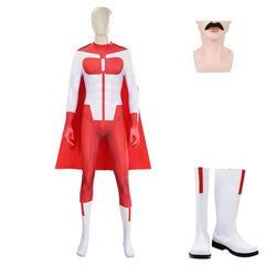 Invincible Saison 3(2025) Omni-Man Nolan Tenue Rouge et Blanche Cosplay Costume Barbe Chaussures 11