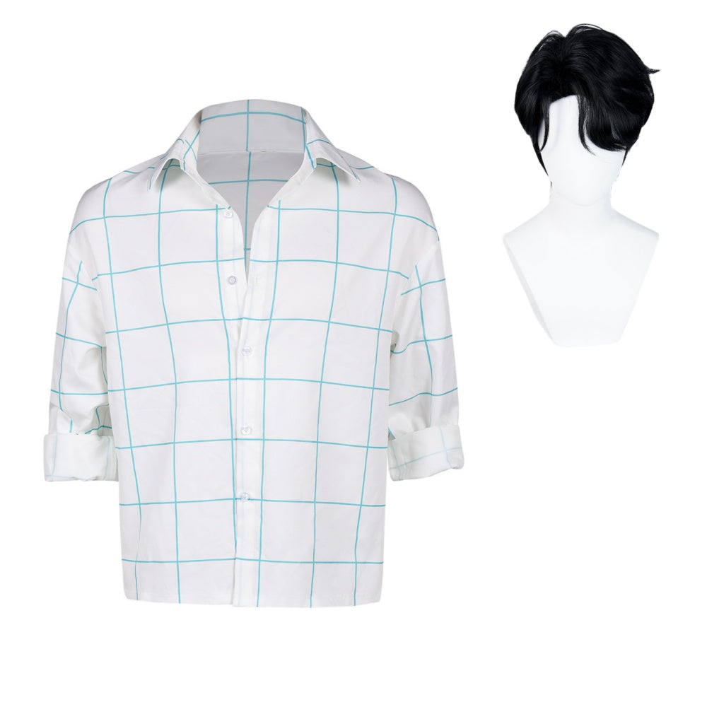 KPop Demon Hunters(2025) Saja Boys Jinu Chemise Blanche à Carreaux Bleus Cosplay Costume Perruque Ver.2