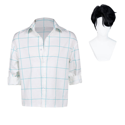 KPop Demon Hunters(2025) Saja Boys Jinu Chemise Blanche à Carreaux Bleus Cosplay Costume Perruque Ver.2