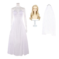 Wicked: For Good(2025) Glinda Robe Blanche sans Bretelles Cosplay Costume Perrruque Voile