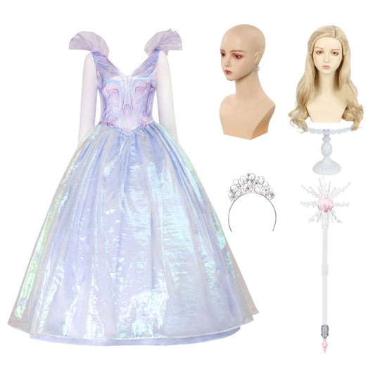 Wicked Glinda Robe Violette Cosplay Costume Serre-tête Boucles d'Oreilles Baguette Perruque