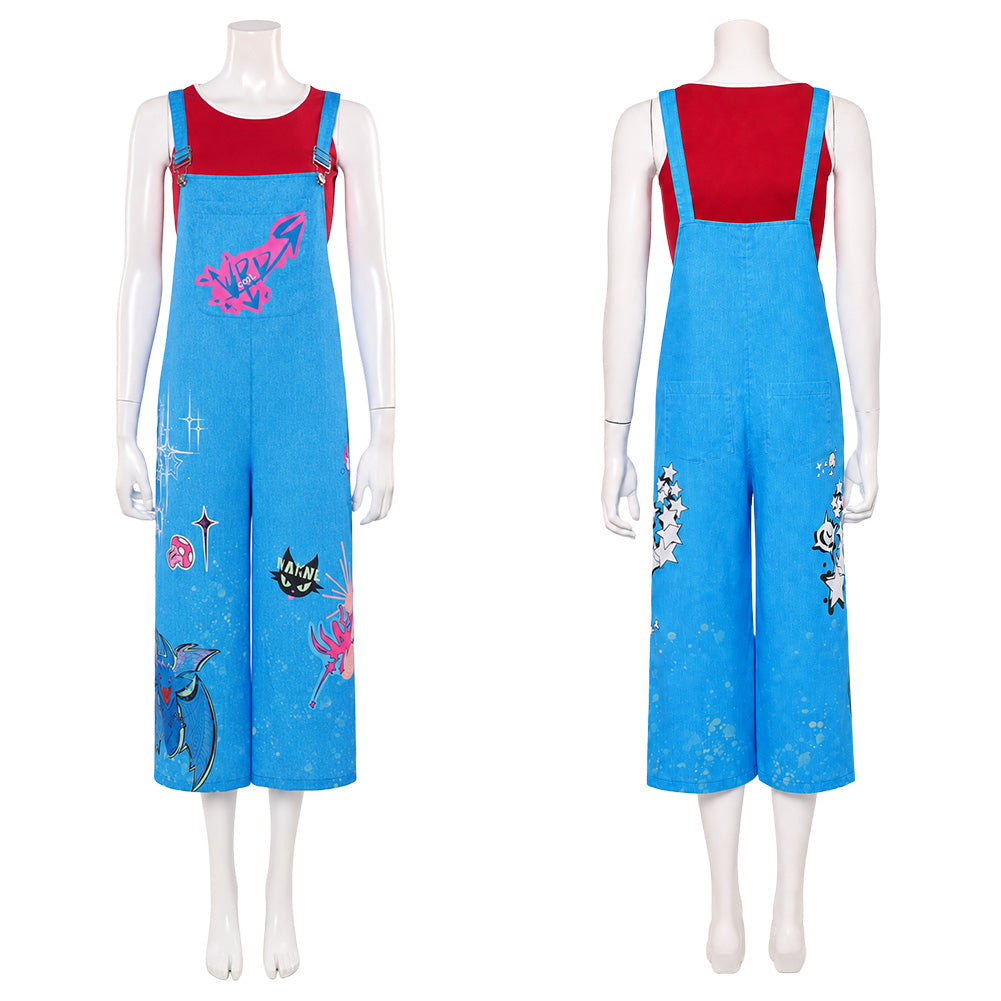 Cosplay Costume Jo Forgotten Island(2026) Film Cosplay Haut Rouge+Salopette Bleu Femme