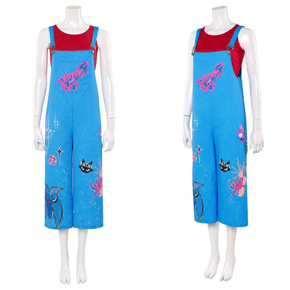 Cosplay Costume Jo Forgotten Island(2026) Film Cosplay Haut Rouge+Salopette Bleu Femme