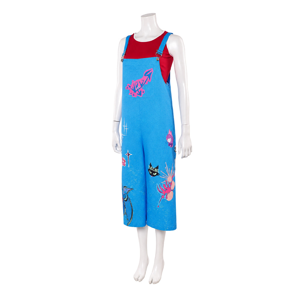 Cosplay Costume Jo Forgotten Island(2026) Film Cosplay Haut Rouge+Salopette Bleu Femme
