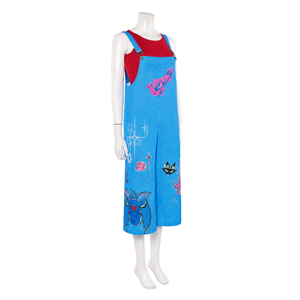 Cosplay Costume Jo Forgotten Island(2026) Film Cosplay Haut Rouge+Salopette Bleu Femme
