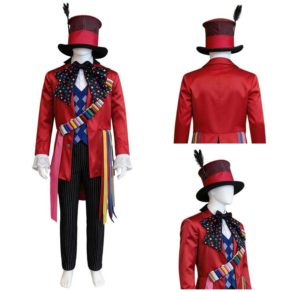 Cosplay Costume Mad Hatter Alice au Pays des Merveilles Film Cosplay Tenue Rouge Homme