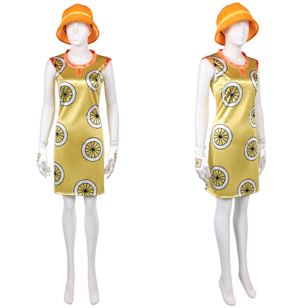 Cosplay Costume Miss Valentine One Piece Live Action 2(2026) TV Cosplay Robe Jaune avec Chapeau Orange Femme