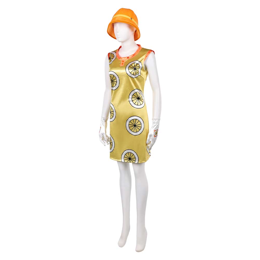 Cosplay Costume Miss Valentine One Piece Live Action 2(2026) TV Cosplay Robe Jaune avec Chapeau Orange Femme