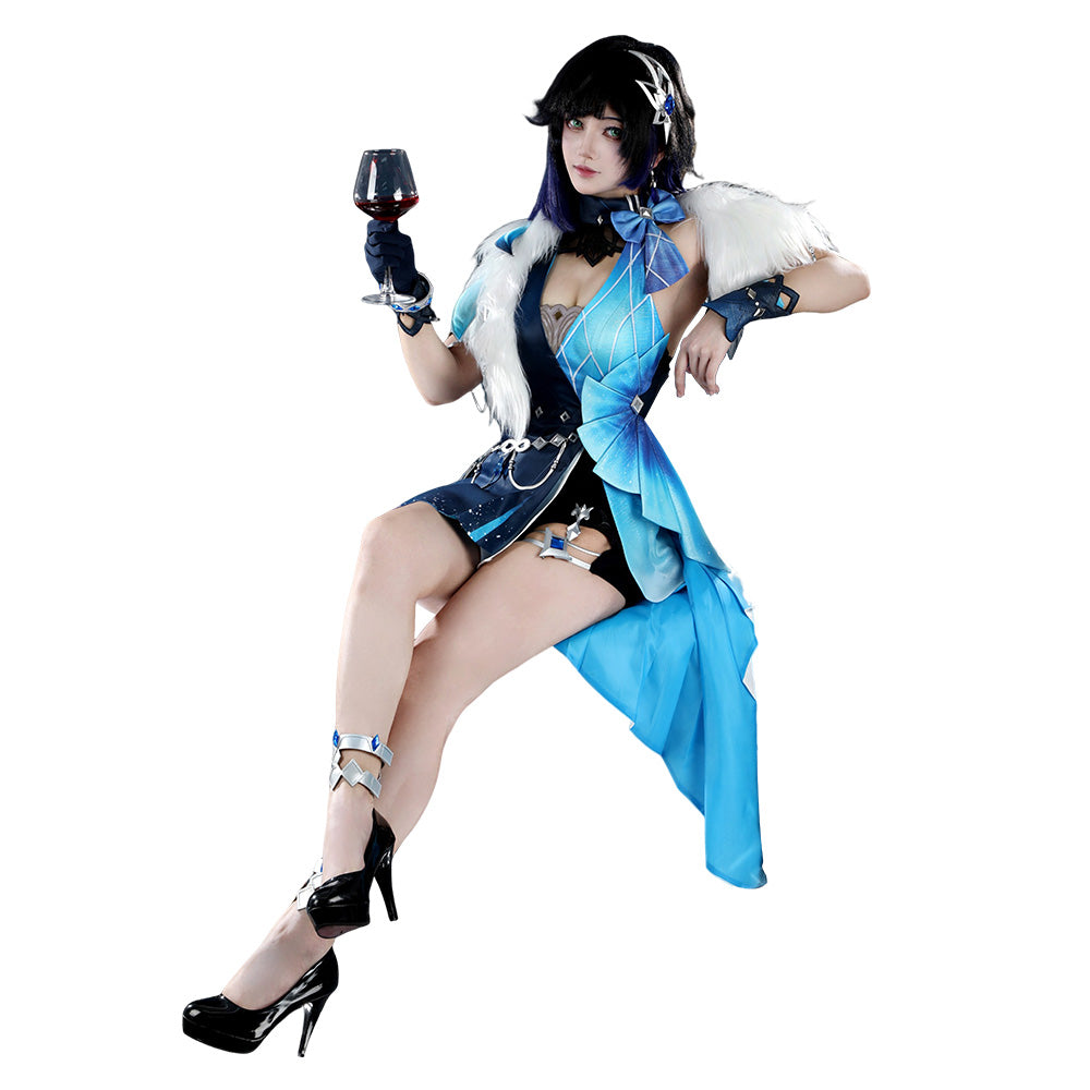 Genshin Impact Yelan Tenue Bleue et Noire Cosplay Costume