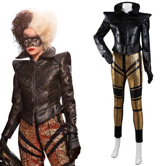 2021 Film Cruella Veste en Cuir & Pantalon Noir Cosplay Costume Halloween