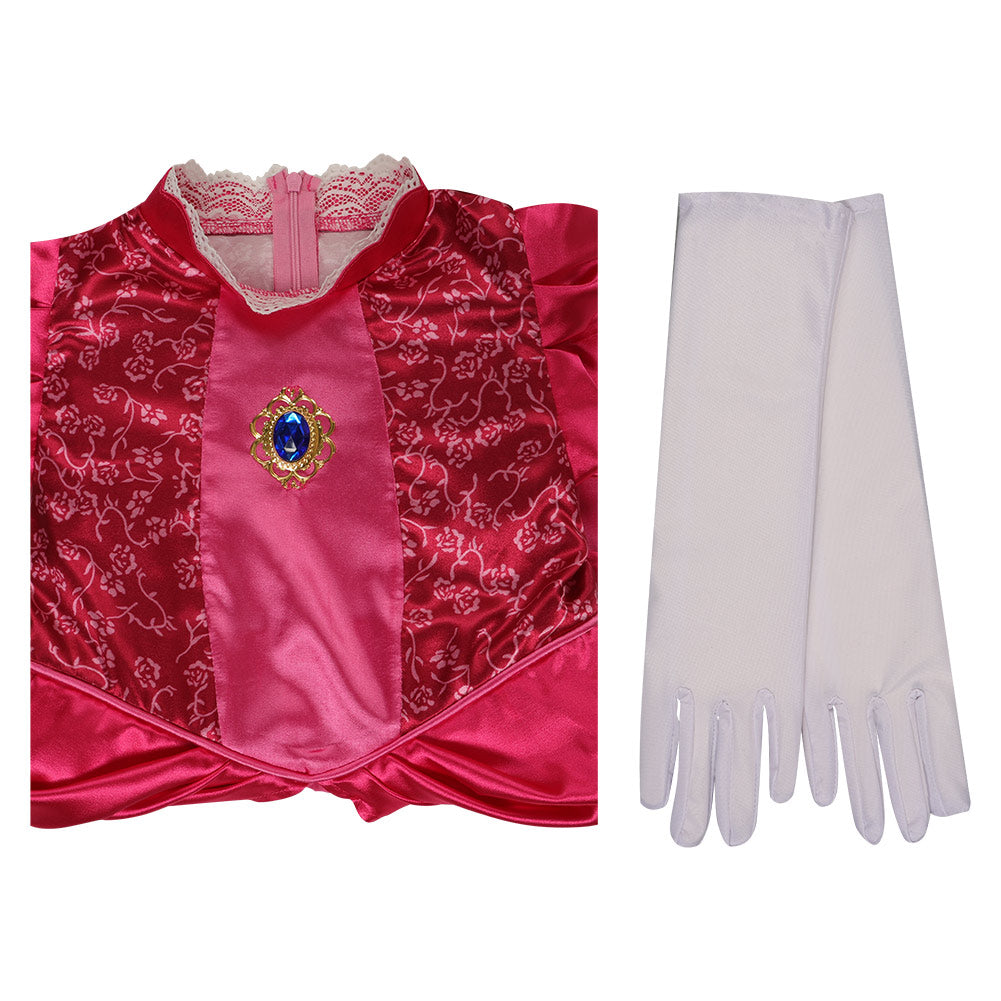 Costume femme princesse cosplay robe pêche rose avec jupe couronne et gants